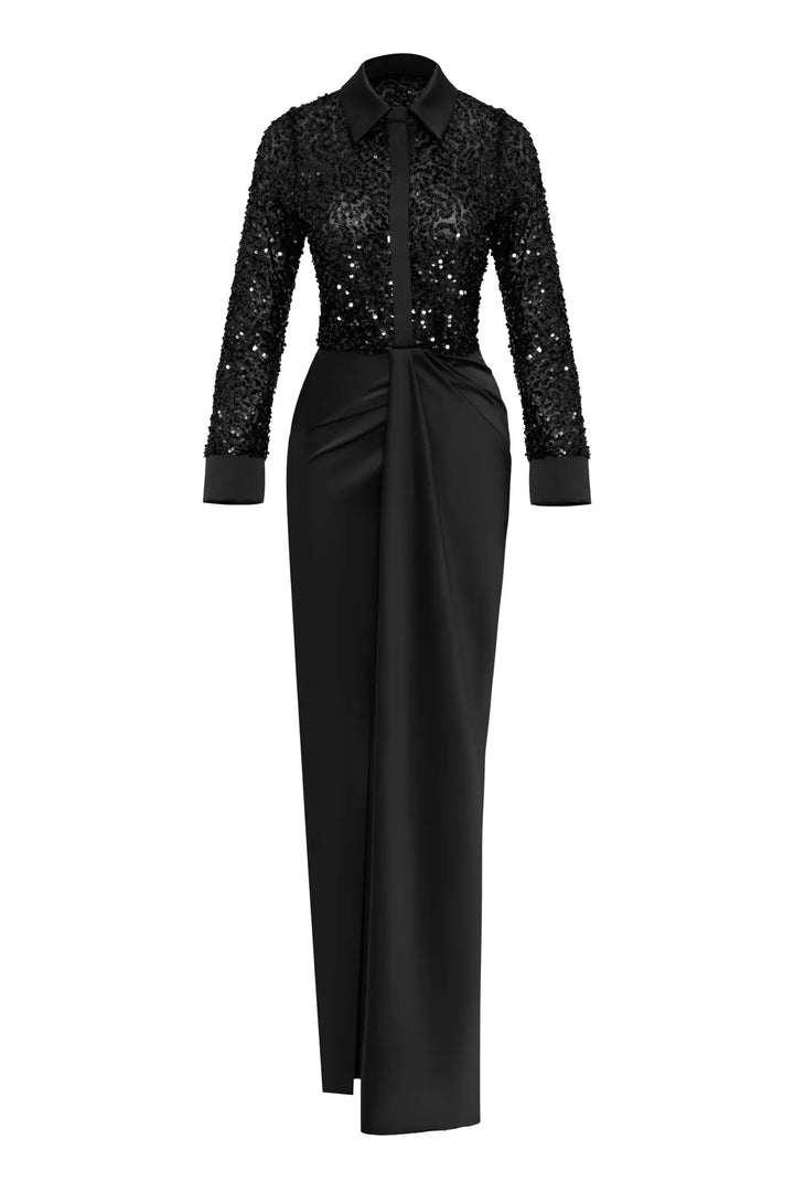 FRV Black stamp sequins short sleeve long dress - Chalándri