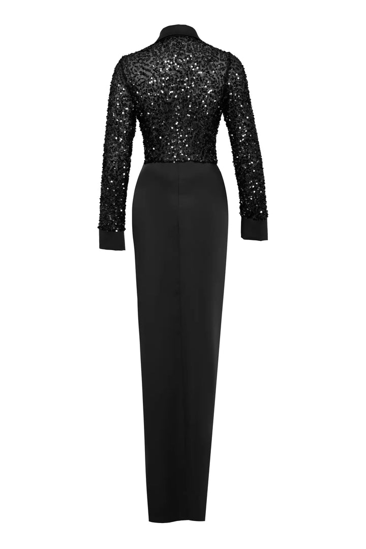 FRV Black stamp sequins short sleeve long dress - Chalándri