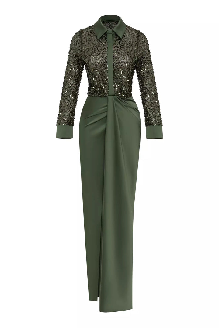 FRV Khaki stamp sequins short sleeve long dress - Carrollwood