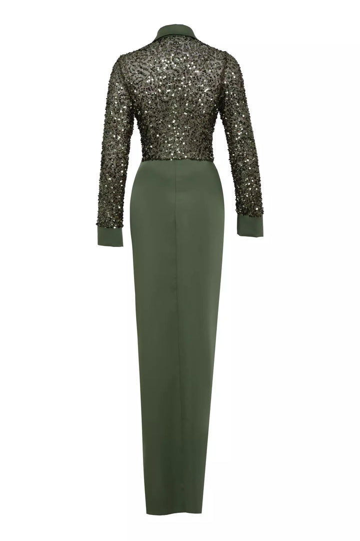 FRV Khaki stamp sequins short sleeve long dress - Carrollwood
