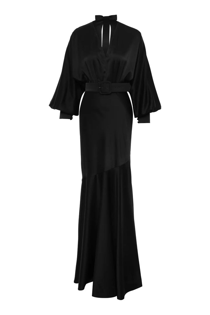 FRV Black satin long sleeve long dress - Cagnes-sur-Mer