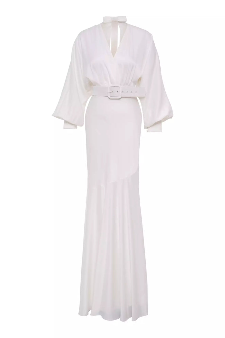 FRV White satin long sleeve long dress - Vacaville