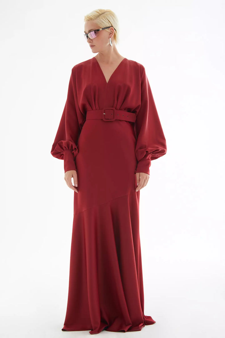FRV Maroon satin long sleeve long dress - Arona