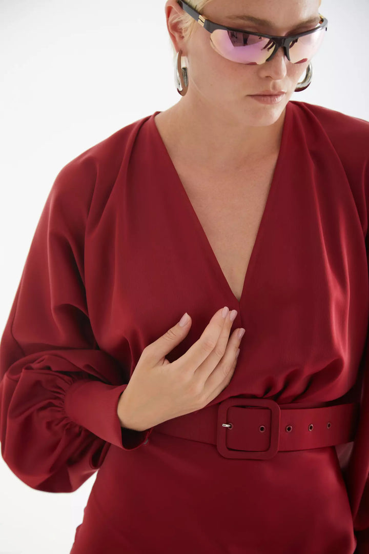 FRV Maroon satin long sleeve long dress - Arona