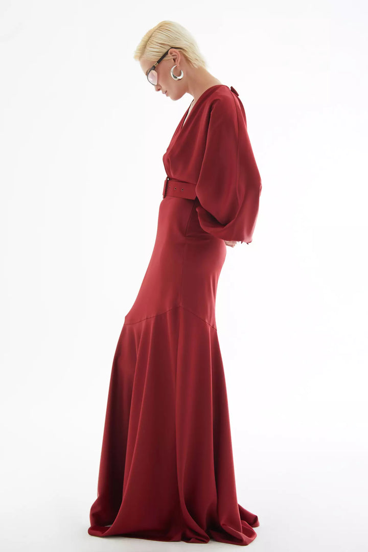 FRV Maroon satin long sleeve long dress - Arona