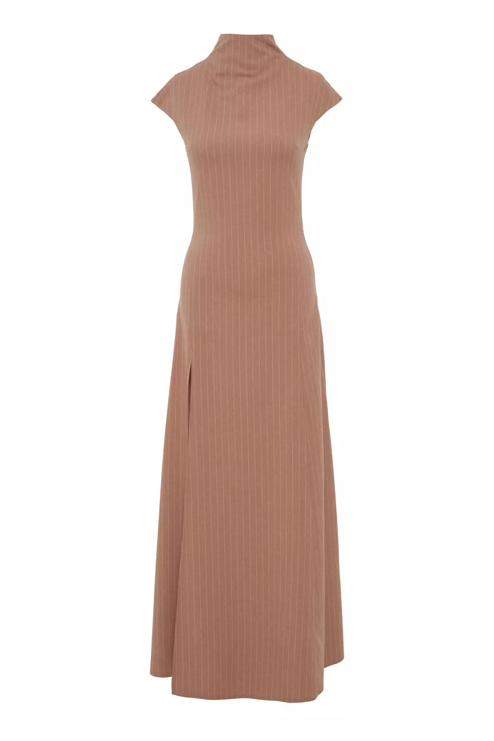 FRV Camel woven short sleeve long dress - Leer