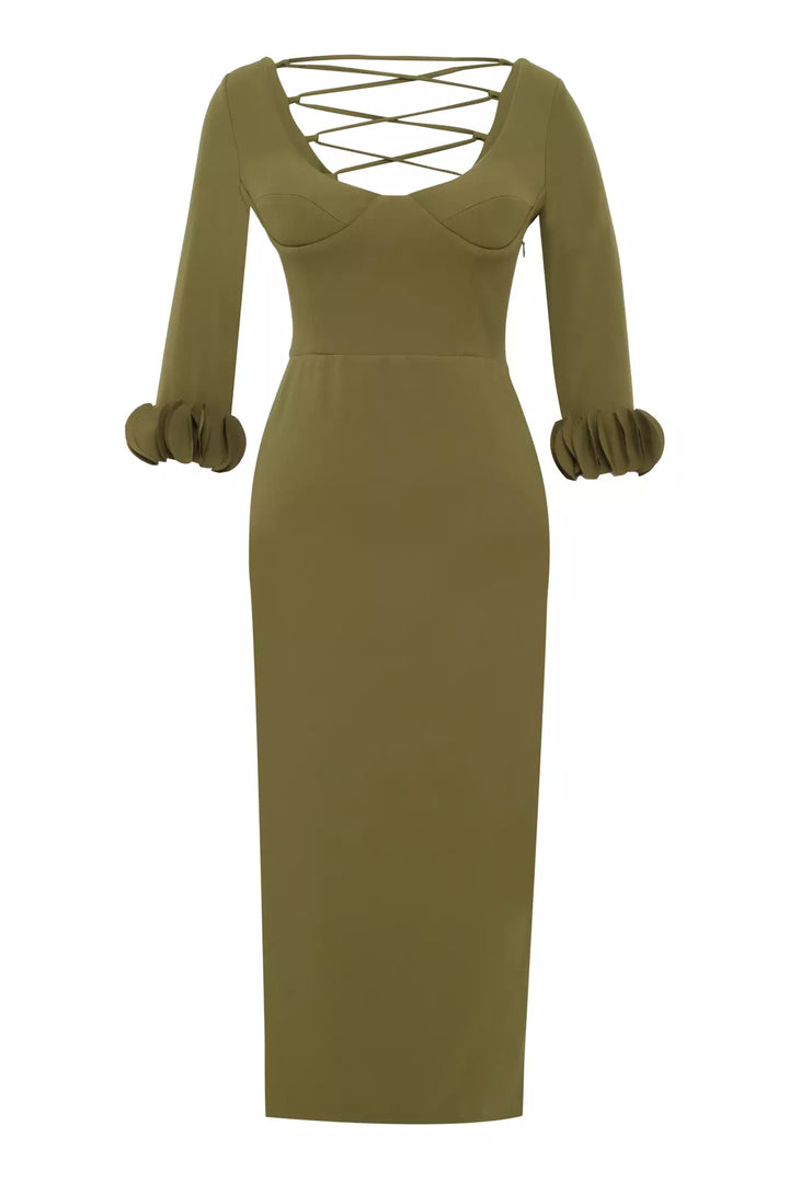 FRV Khaki crepe long sleeve maxi dress - San Juan Capistrano