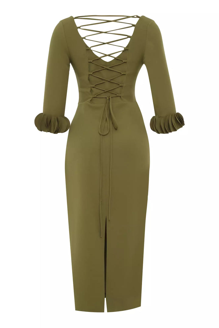 FRV Khaki crepe long sleeve maxi dress - San Juan Capistrano