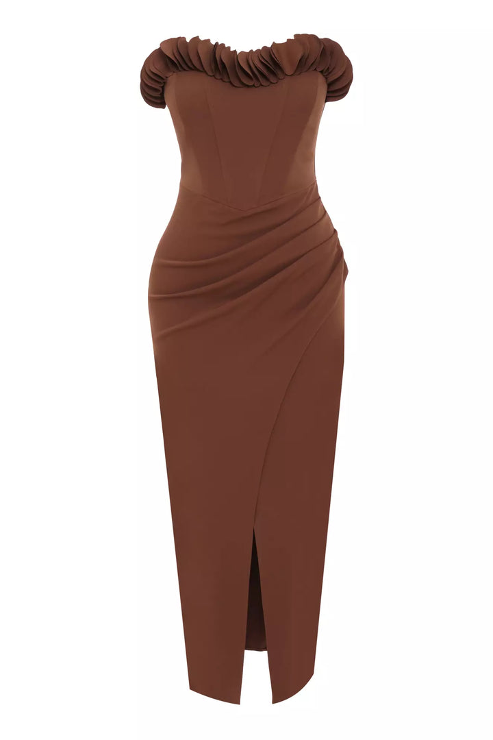 FRV Brown crepe strapless midi dress - Tecomán