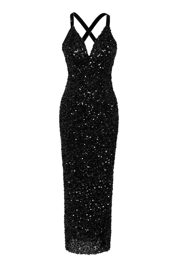 FRV Black stamp sequins sleeveless midi dress - State College