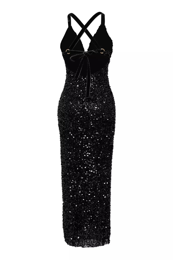 FRV Black stamp sequins sleeveless midi dress - State College