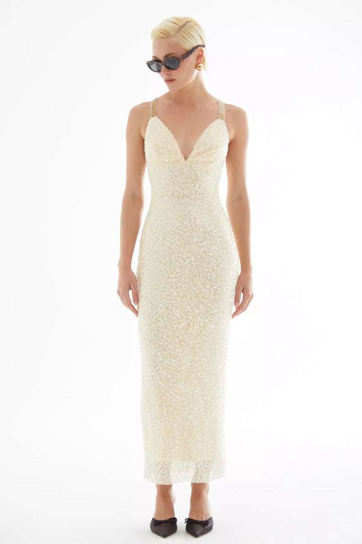 FRV Beige stamp sequins sleeveless midi dress - Mantes-la-Jolie
