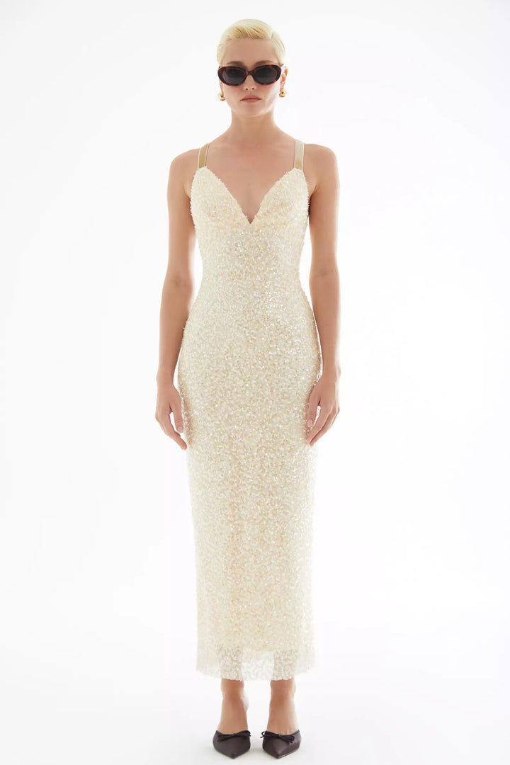 FRV Beige stamp sequins sleeveless midi dress - Mantes-la-Jolie
