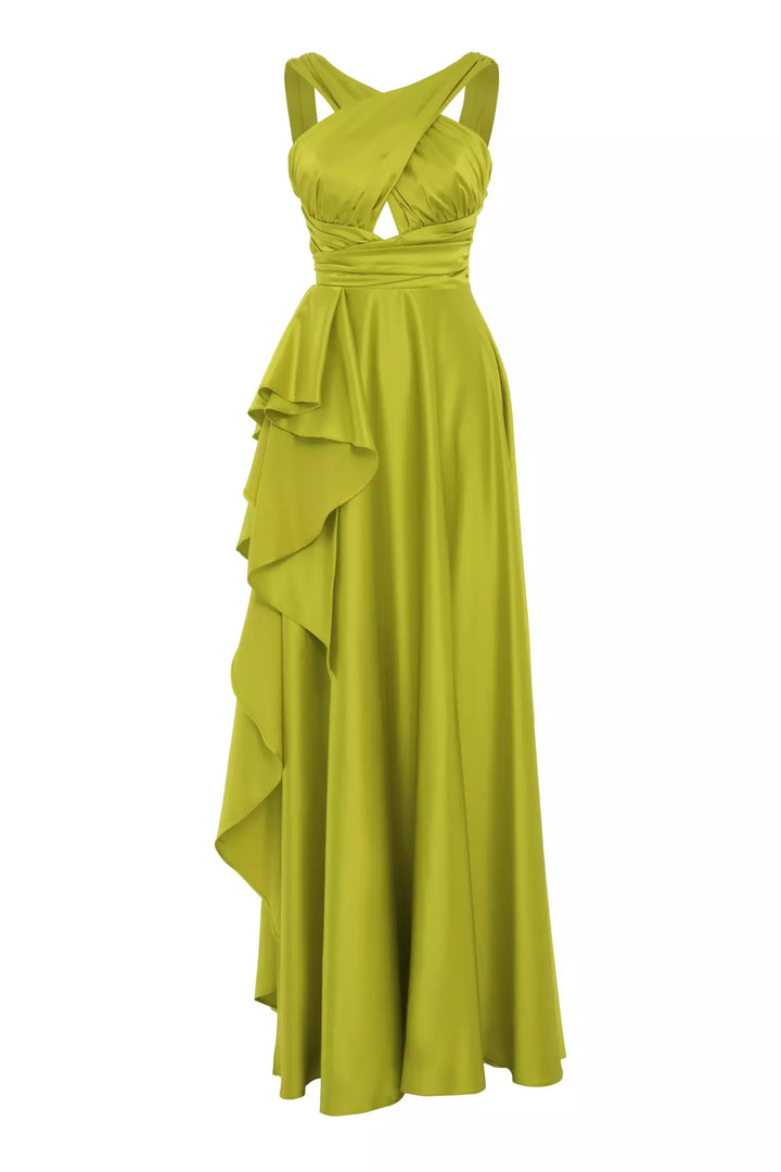 FRV Peanut green satin sleeveless long dress - Newton