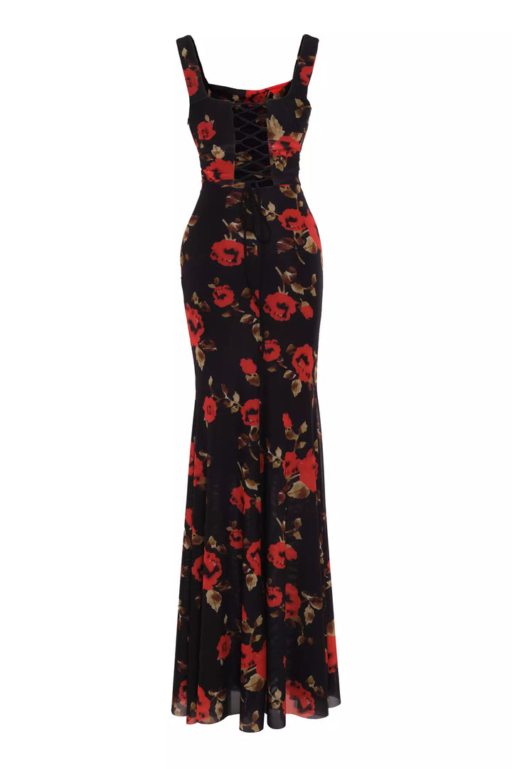 FRV Printed tulle sleeveless long dress - León de los Aldama