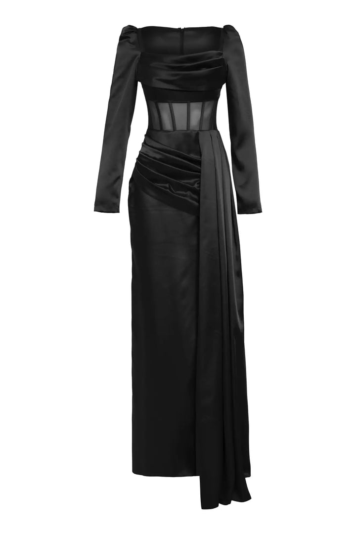 FRV Black satin long sleeve long dress - Vacaville
