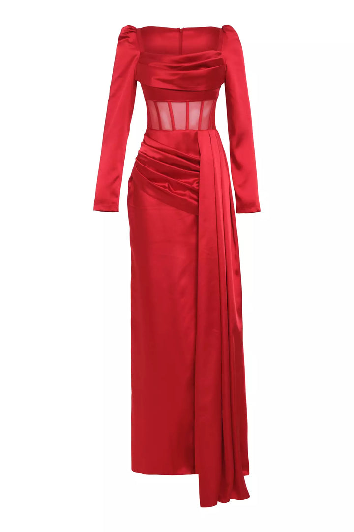 FRV Red satin long sleeve long dress - Redlands