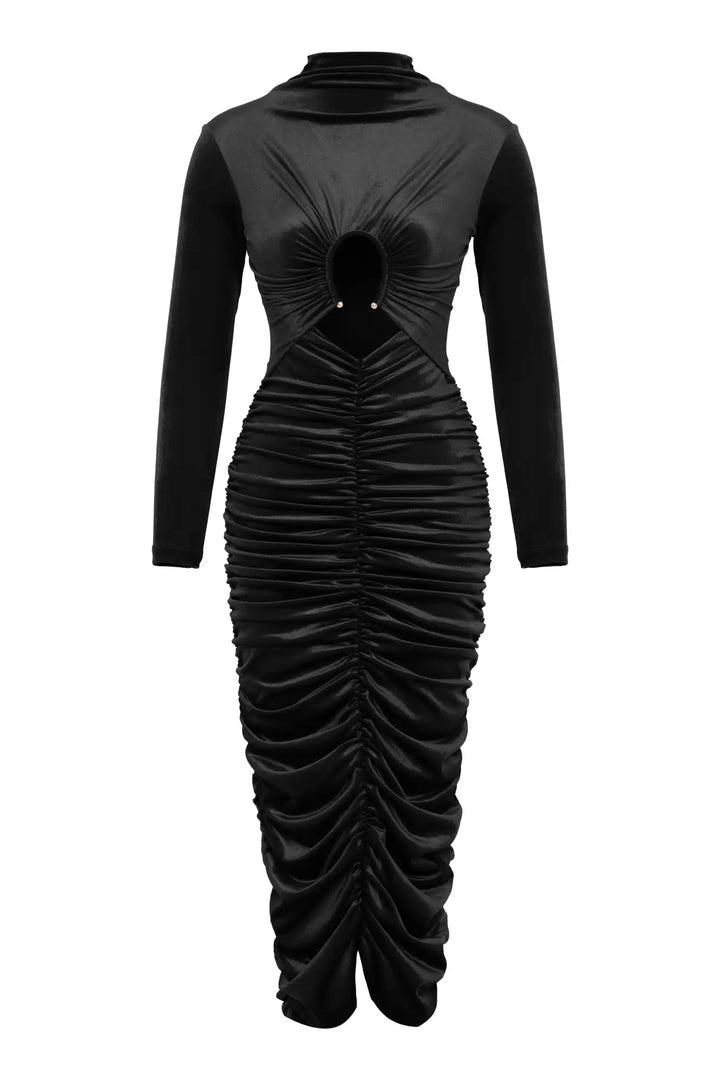 FRV Black velvet long sleeve midi dress - Antibes