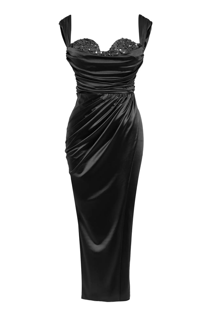 FRV Black örme saten sleeveless midi dress - Sesimbra