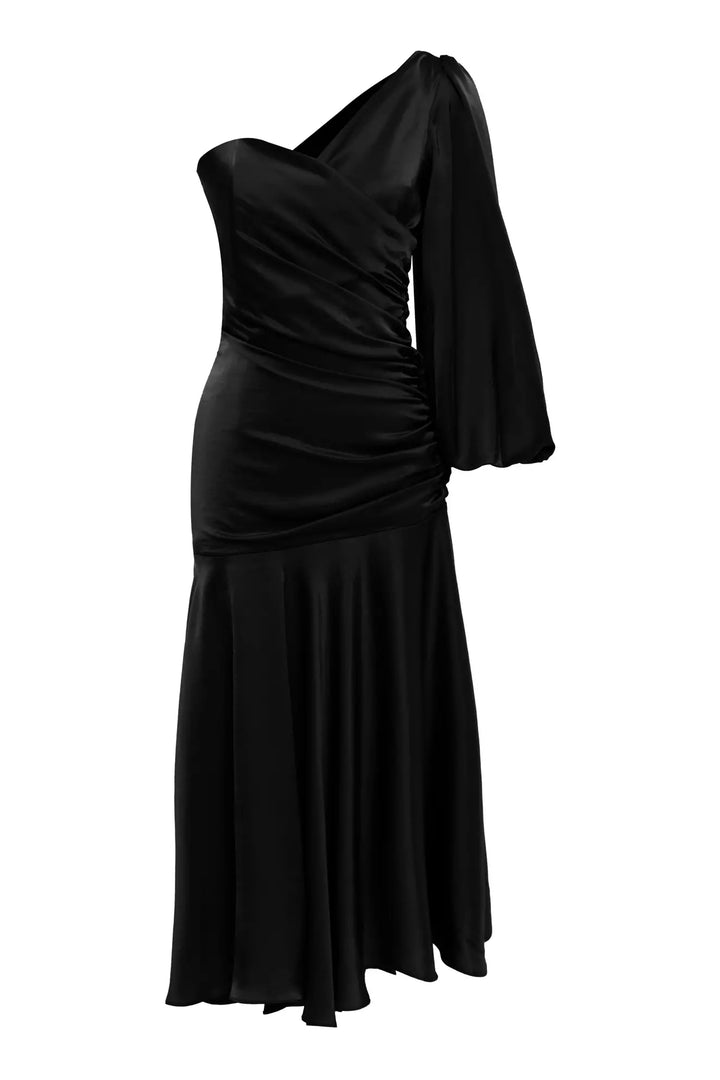 FRV Black satin single sleeve midi dress - Guadalajara