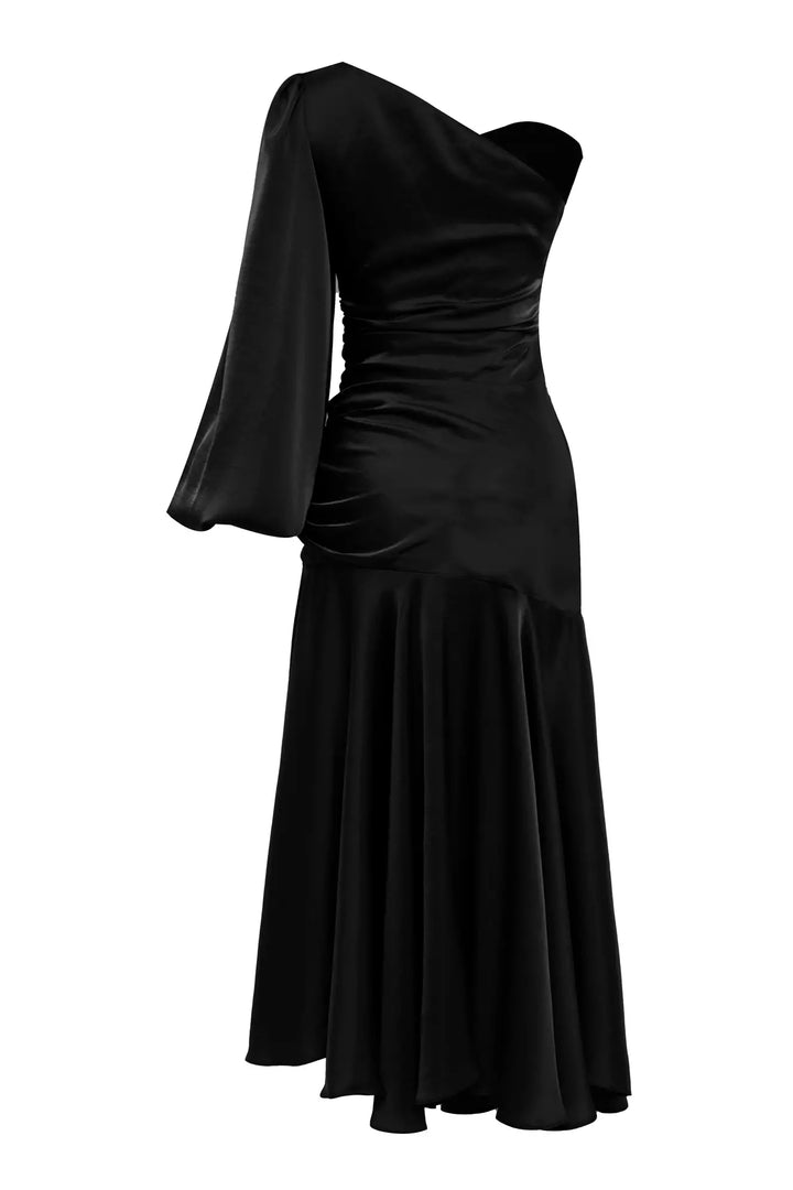 FRV Black satin single sleeve midi dress - Guadalajara