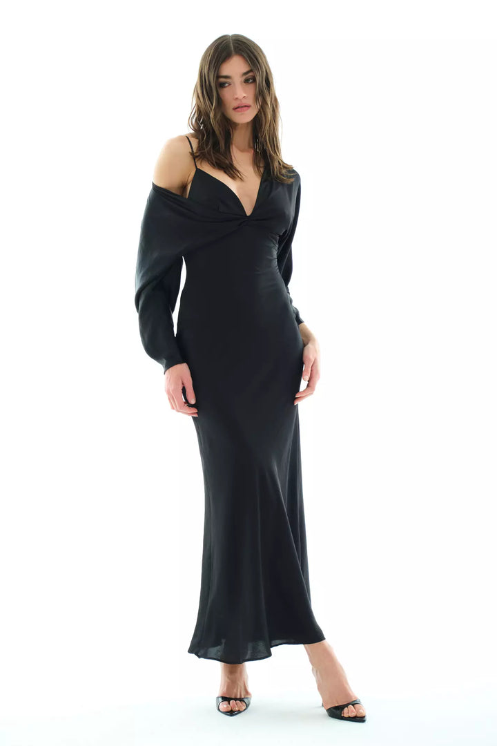FRV Black satin long sleeve long dress - Málaga