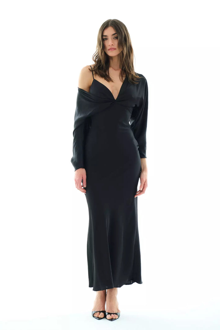 FRV Black satin long sleeve long dress - Málaga