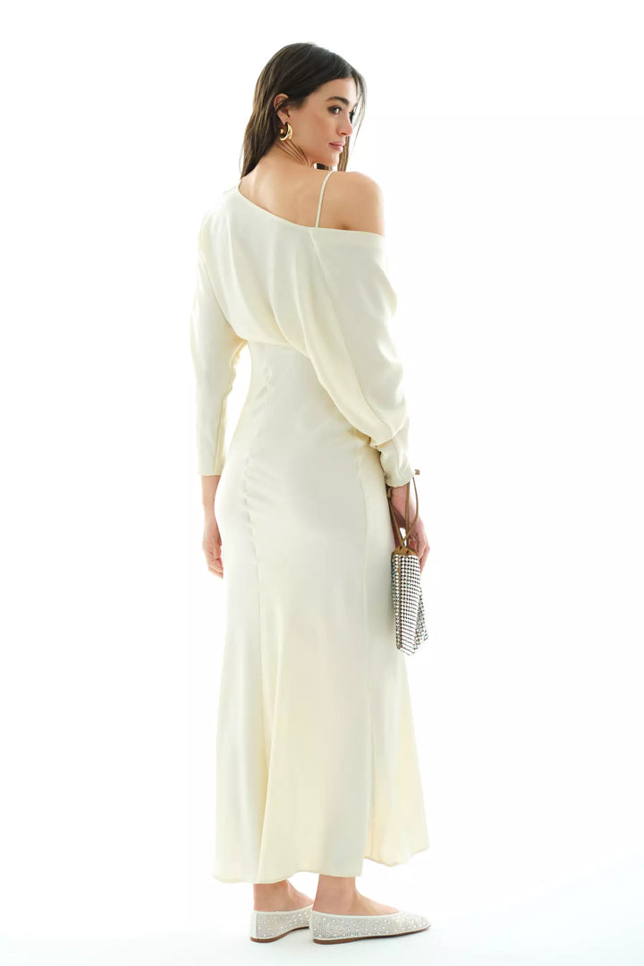 FRV Beige satin long sleeve long dress - Westminster