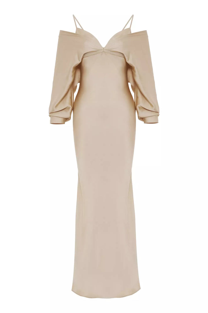 FRV Beige satin long sleeve long dress - Westminster