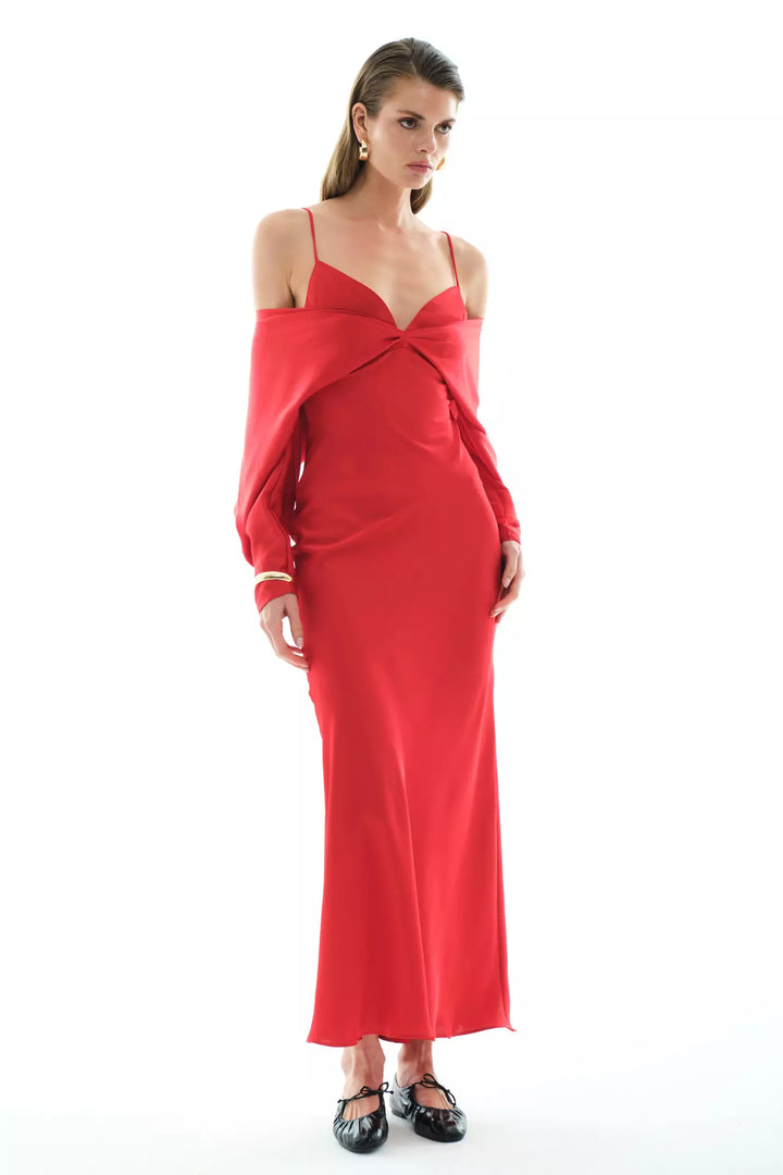 FRV Red satin long sleeve long dress - Pylaía