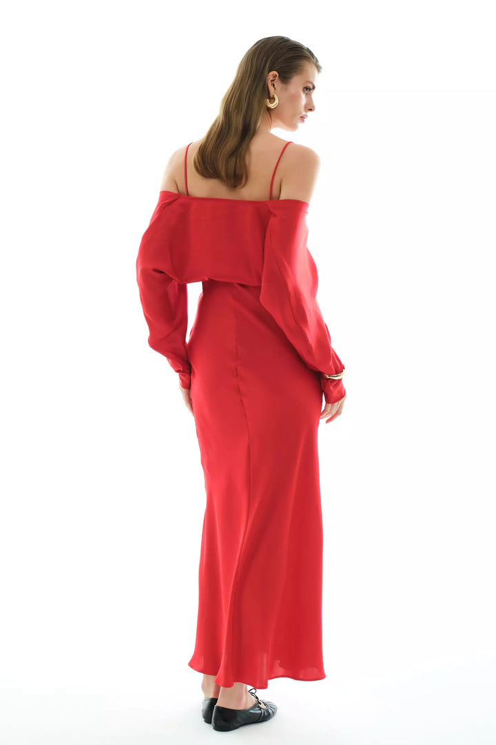 FRV Red satin long sleeve long dress - Pylaía