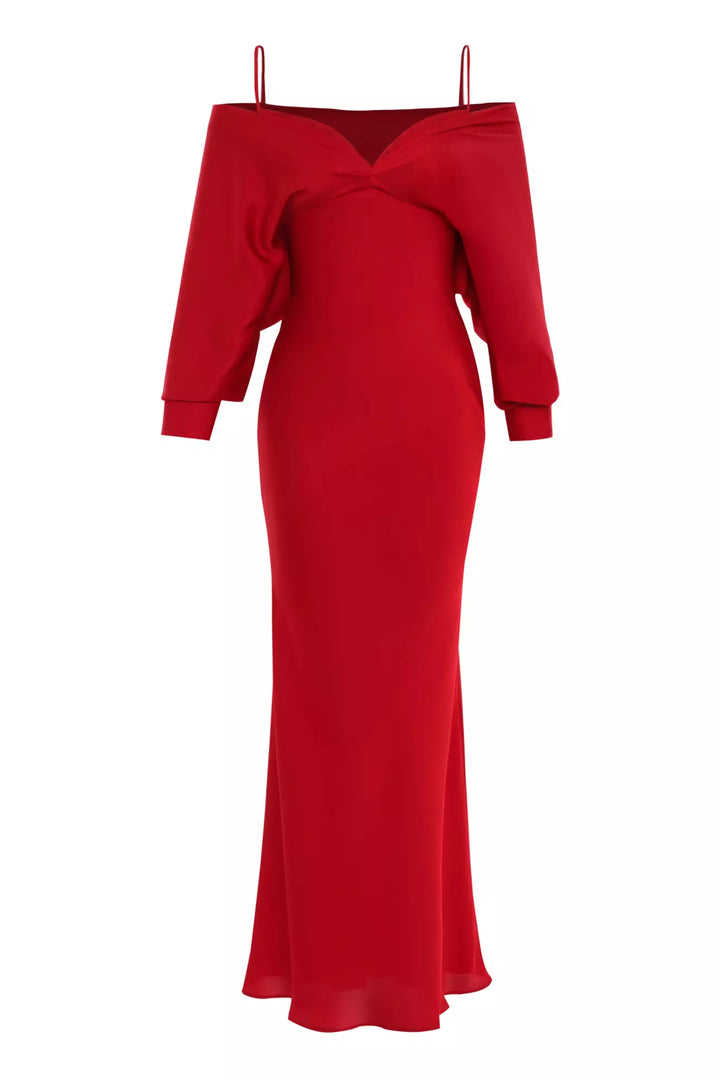 FRV Red satin long sleeve long dress - Pylaía