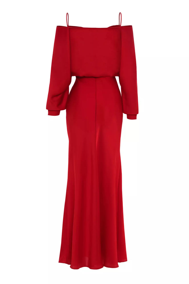 FRV Red satin long sleeve long dress - Pylaía
