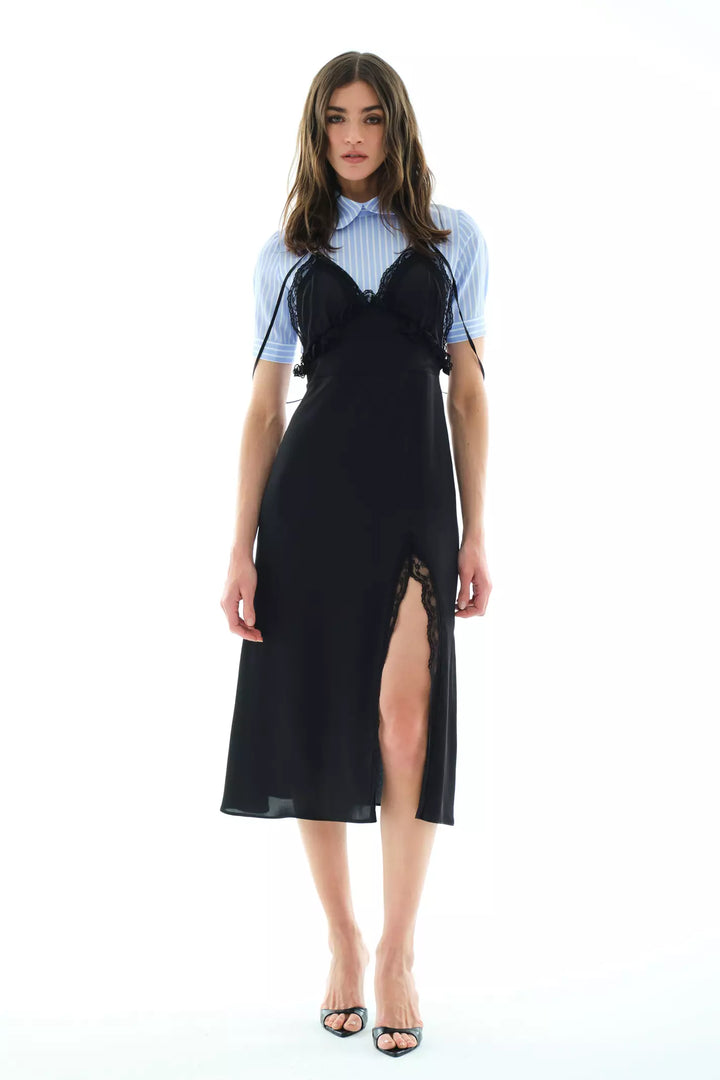 FRV Black satin short sleeve midi dress - Widnes