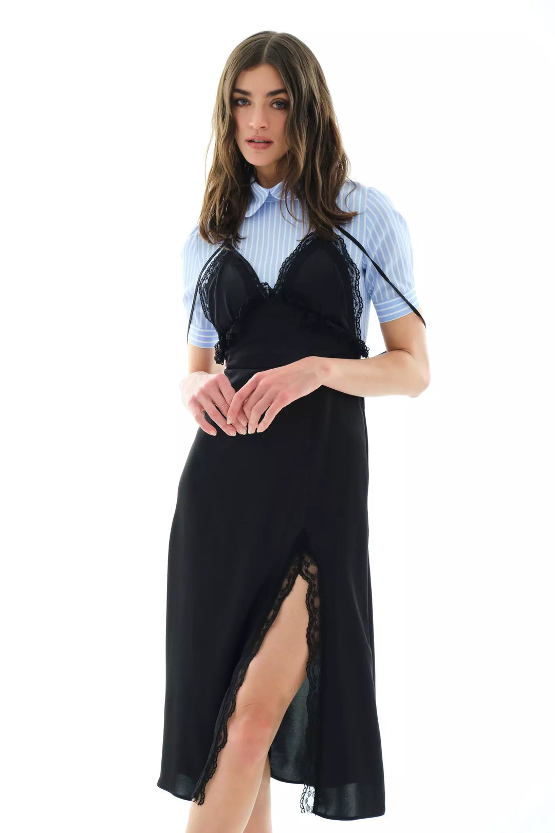 FRV Black satin short sleeve midi dress - Widnes