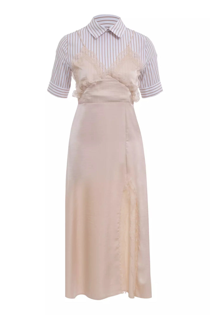 FRV Beige satin short sleeve midi dress - Santa Lucía del Camino
