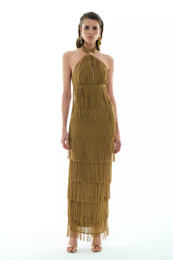 FRV Khaki chiffon sleeveless long dress - Dunstable