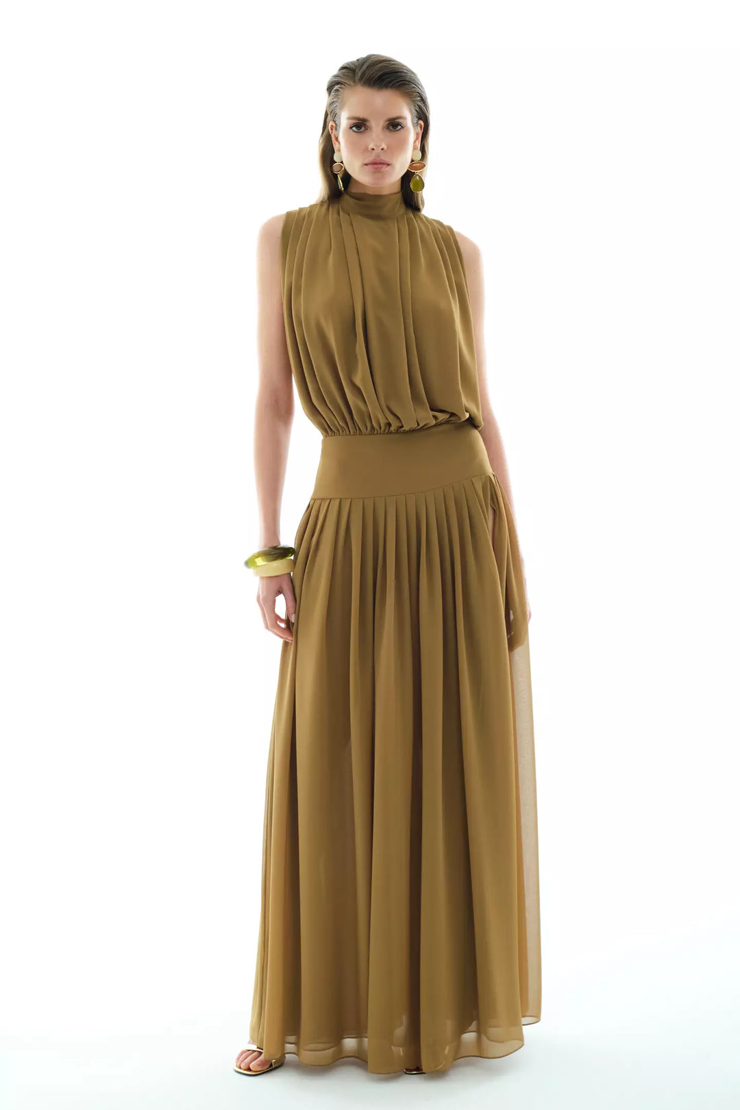 FRV Khaki chiffon sleeveless long dress - Smithtown