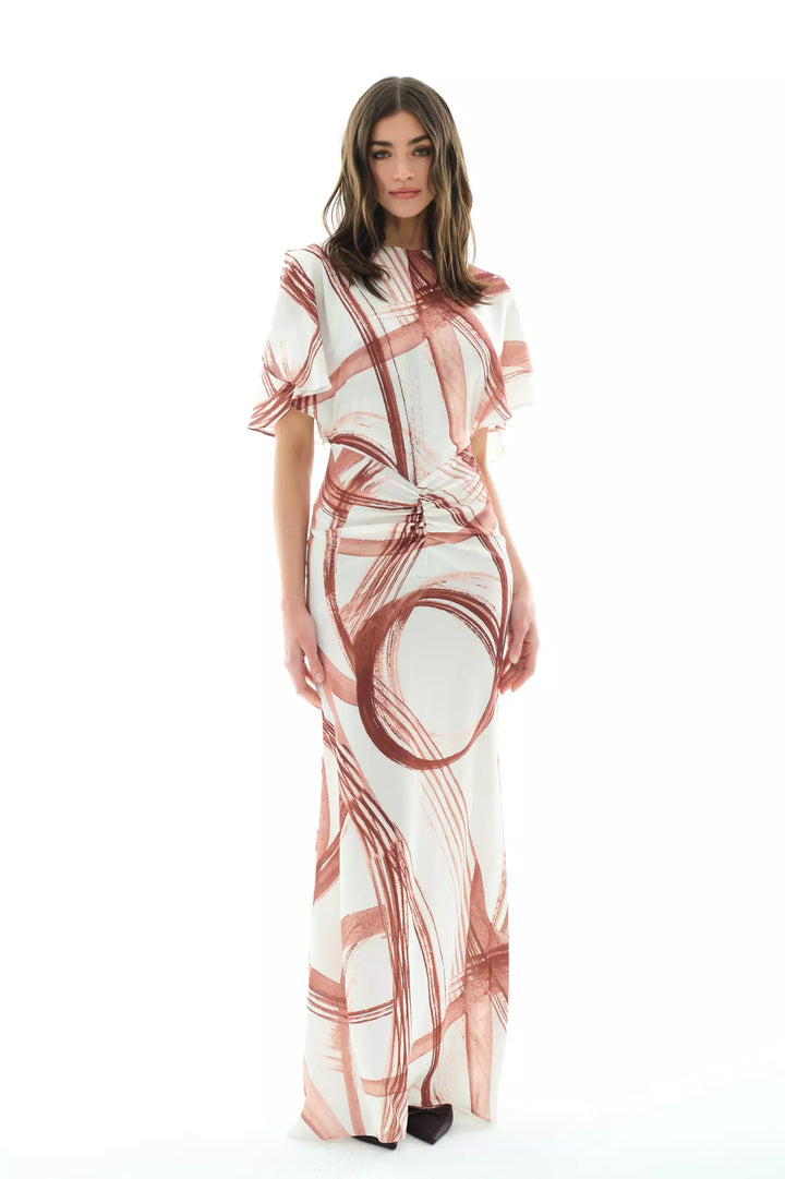 FRV Printed satin short sleeve long dress - Edina