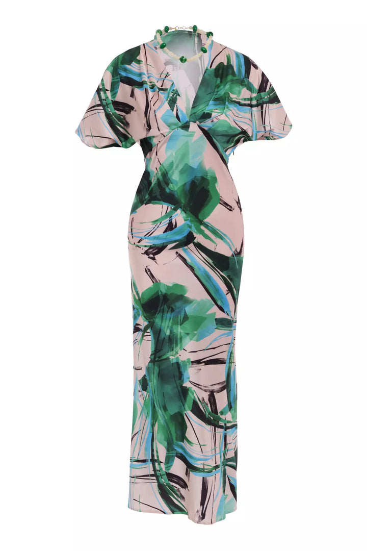 FRV Printed satin short sleeve long dress - Yakima