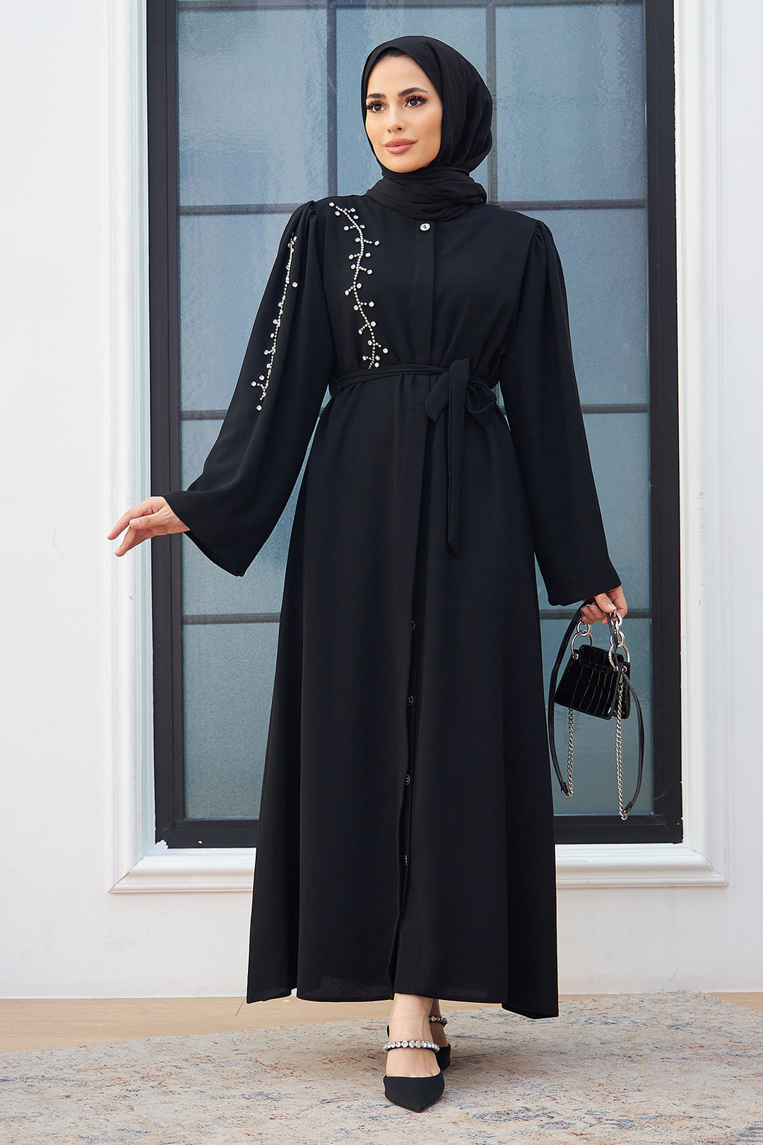 ZRF عباية نسائية مزينة بالأحجار - أسود - شيكوبي