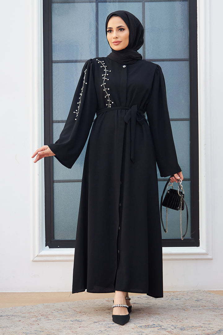 ZRF عباية نسائية مزينة بالأحجار - أسود - شيكوبي