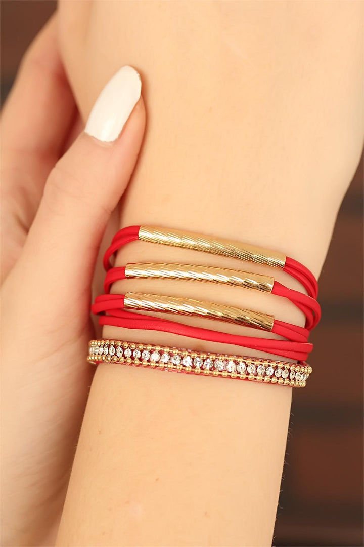 EBJ Red Color Leather Stone-Embellished Women's Multi Bracelet - Pearland