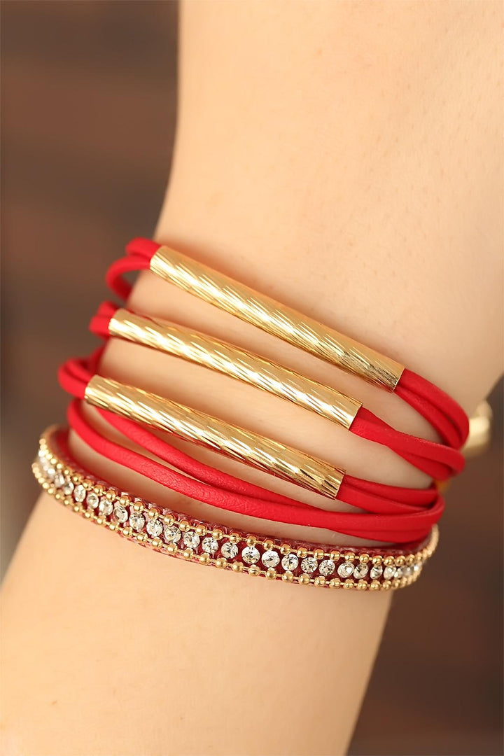 EBJ Red Color Leather Stone-Embellished Women's Multi Bracelet - Pearland