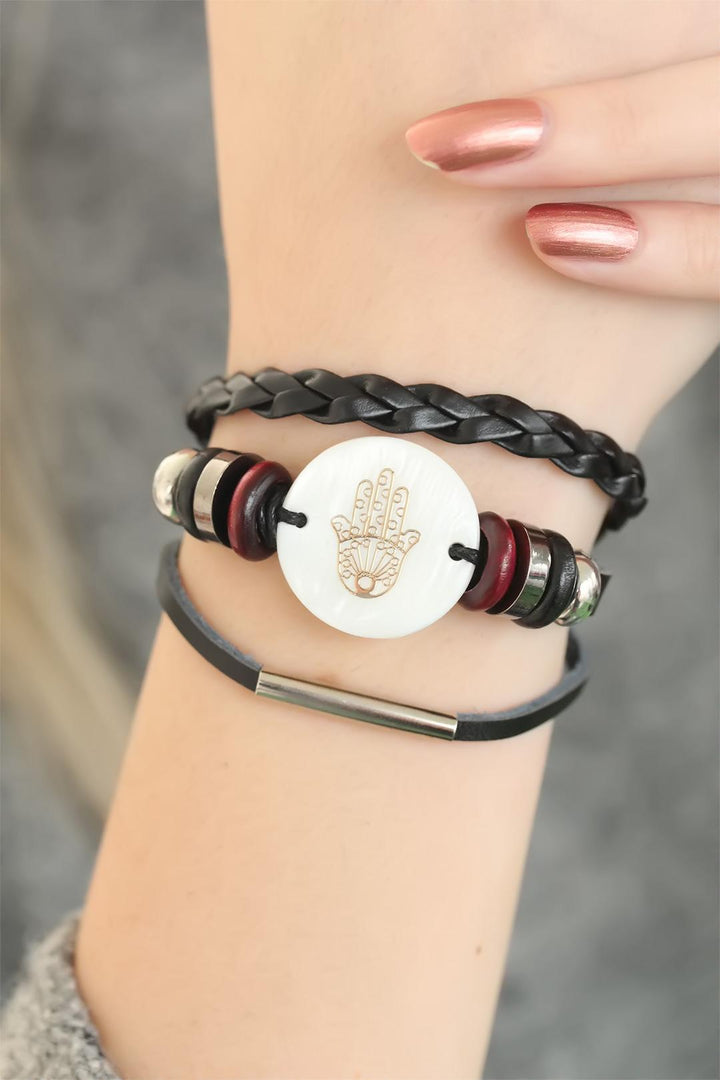 EBJ Black Color Fatma Ana Hand Design Multi Leather Women's Bracelet - Choisy-le-Roi