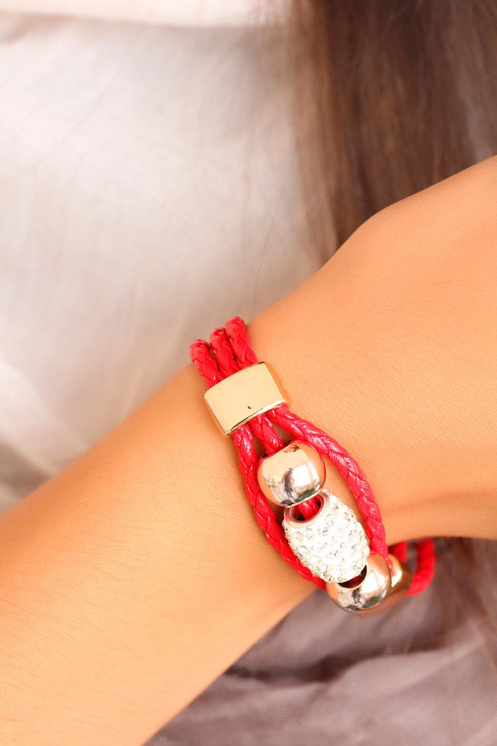 EBJ Red Leather Bracelet with Bright Stone Accessories - Flower Mound