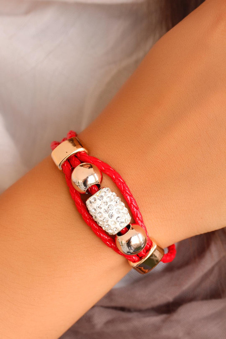 EBJ Red Leather Bracelet with Bright Stone Accessories - Flower Mound