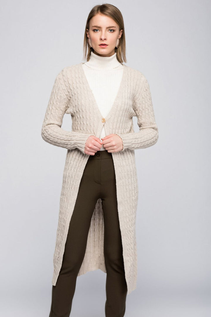 SNS Sense Beige Cable Knit V-Neck Single Button Long Cardigan - Sioux Falls