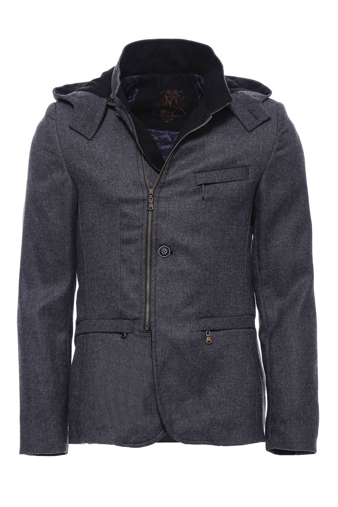 WSS 3 Pockets Hooded Zippered Wool Grey Men Short Coat- - Singen