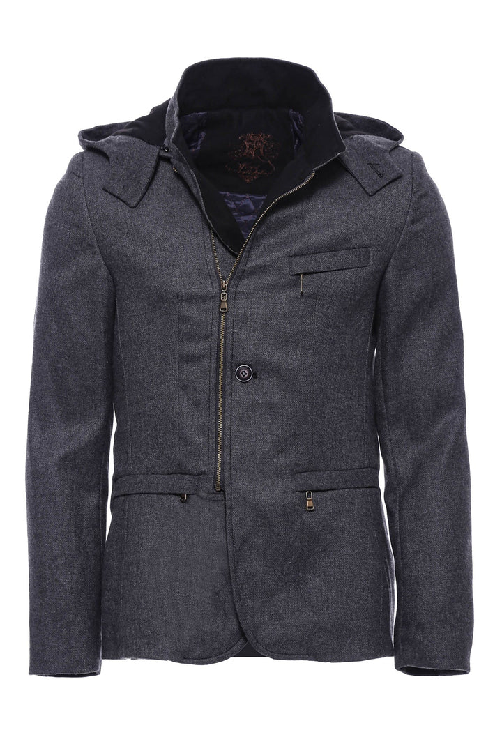 WSS 3 Pockets Hooded Zippered Wool Grey Men Short Coat- - Singen